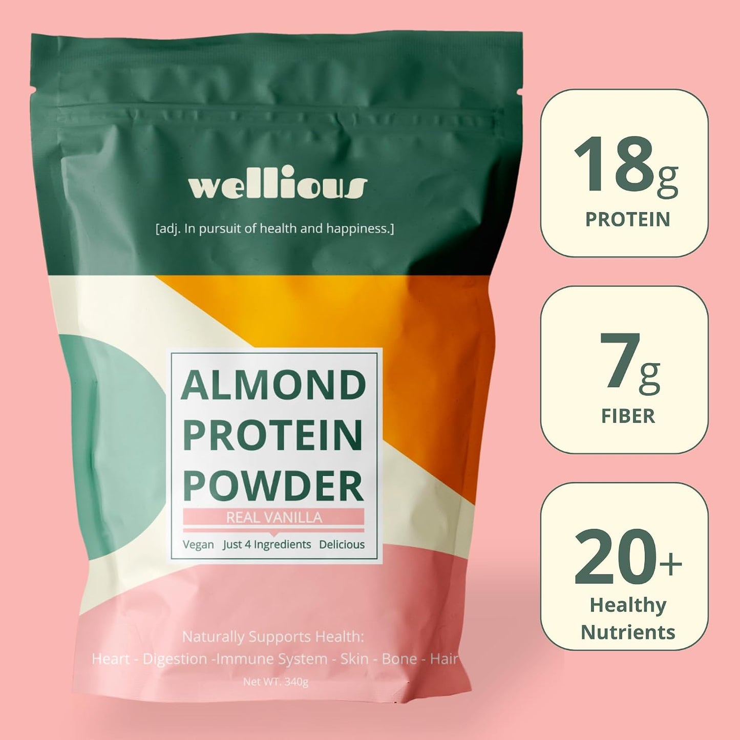 wellious Almond Vegan Protein Powder, Vanilla, 18g Protein, Soy-Free