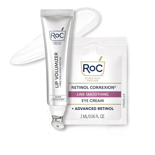RoC Derm Correxion Lip Volumizer - Lip Plumper Peptide Treatment with Hyaluronic Acid & Vitamin E + Line Smoothing Eye Cream Packette