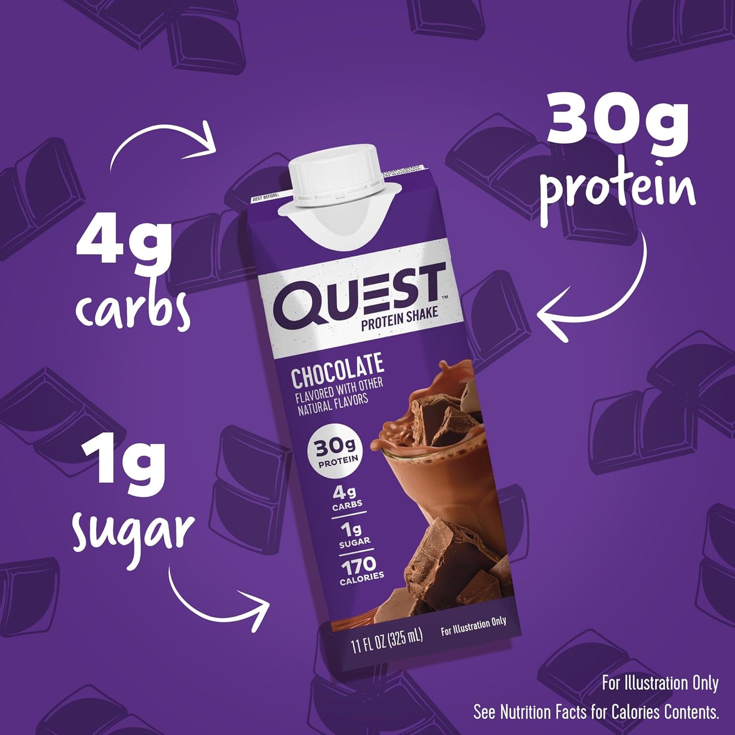 Quest Nutrition Chocolate Protein Shake, 30g Protein, 12 Count | 4g Net Carbs, 1g Sugar, Creamy Chocolate Flavor, Gluten Free, Ready to Drink, 11 fl oz, 3 Packs of 4 Count Cartons