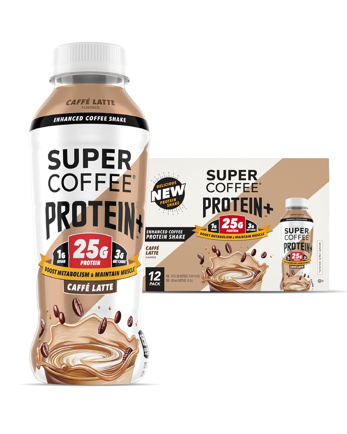 Super Coffee Protein+ Caffe Latte Protein Coffee, 25g Protein 12oz 12Pk