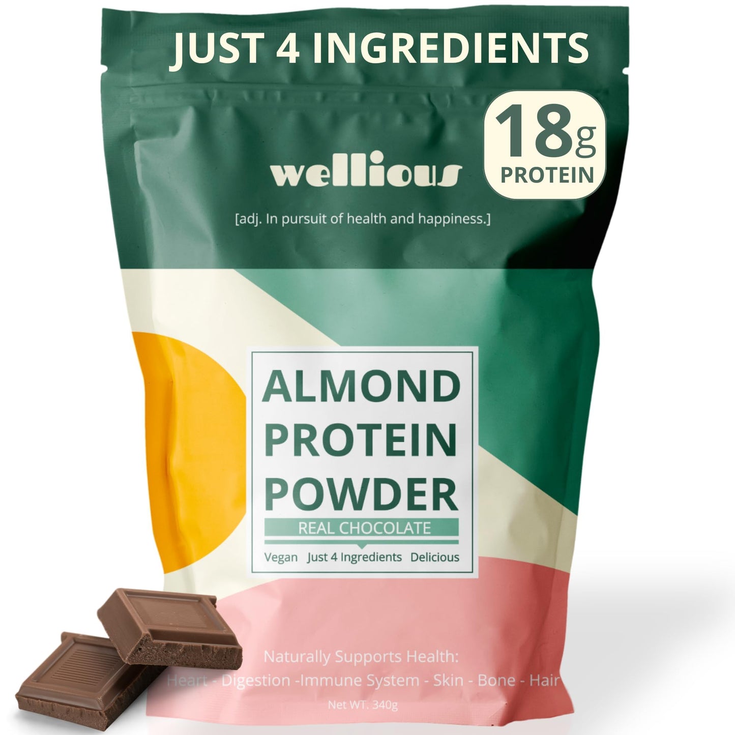 wellious Almond Vegan Protein Powder, Vanilla, 18g Protein, Soy-Free