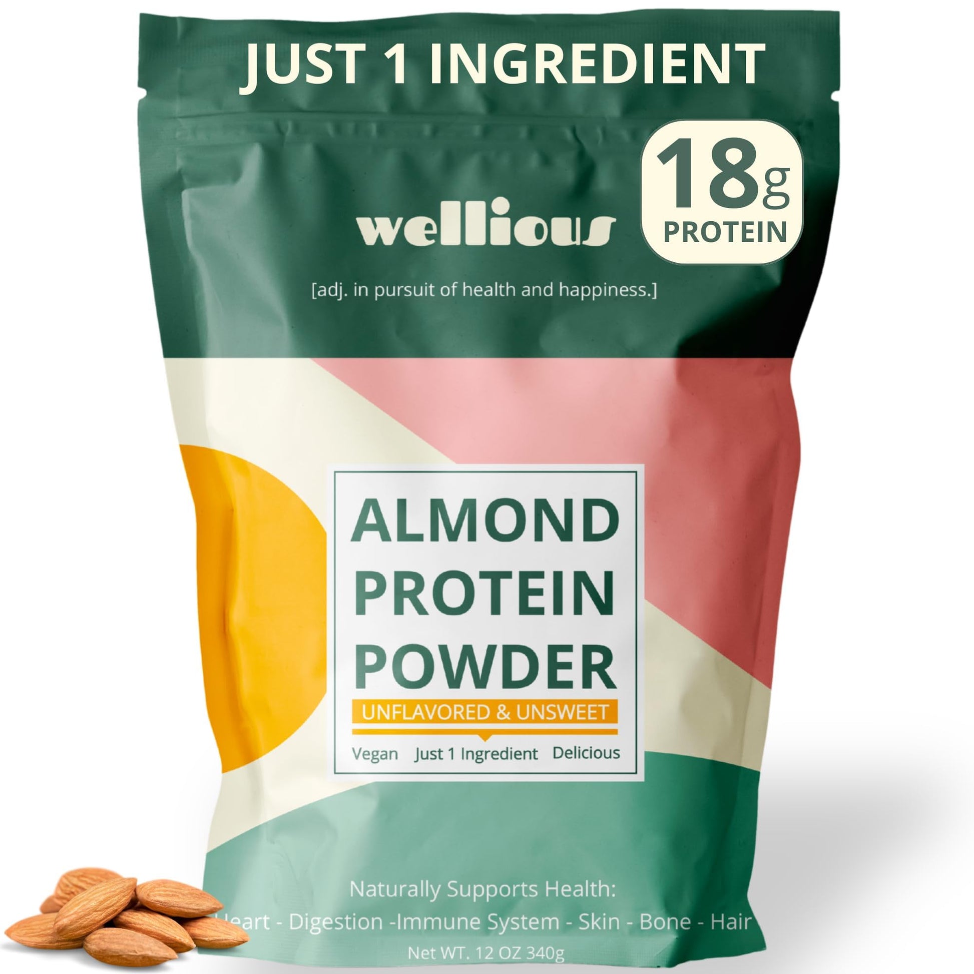 wellious Almond Vegan Protein Powder, Vanilla, 18g Protein, Soy-Free
