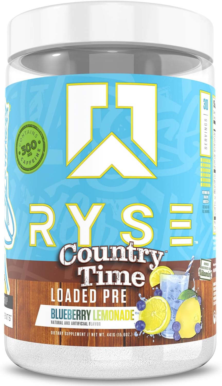 RYSE Loaded Pre Workout Powder - Country Time Blueberry Lemonade - Daily Pre-Workout for Men & Women with 300mg Caffeine, Beta Alanine, and Citrulline for Pump, Focus, and Energy - 30 Servings