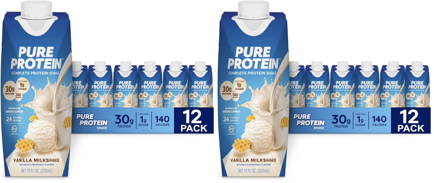 Pure Protein Vanilla Protein Shake, 30g Complete Protein, 12 Ct | Ready to Drink and Keto-Friendly, Vitamins A, C, D, and E plus Zinc to Support Immune Health, 11oz Bottles