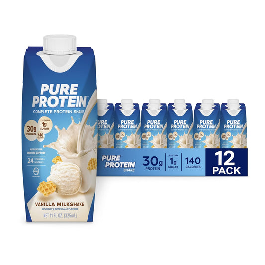Pure Protein Vanilla Protein Shake, 30g Complete Protein, 12 Ct | Ready to Drink and Keto-Friendly, Vitamins A, C, D, and E plus Zinc to Support Immune Health, 11oz Bottles