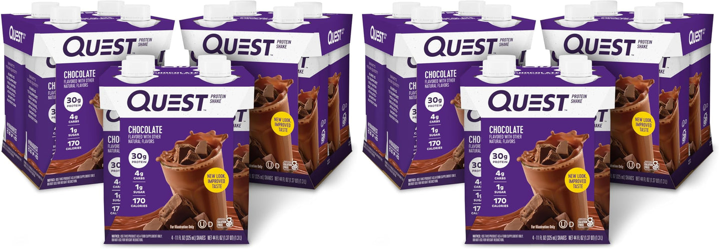 Quest Nutrition Chocolate Protein Shake, 30g Protein, 12 Count | 4g Net Carbs, 1g Sugar, Creamy Chocolate Flavor, Gluten Free, Ready to Drink, 11 fl oz, 3 Packs of 4 Count Cartons