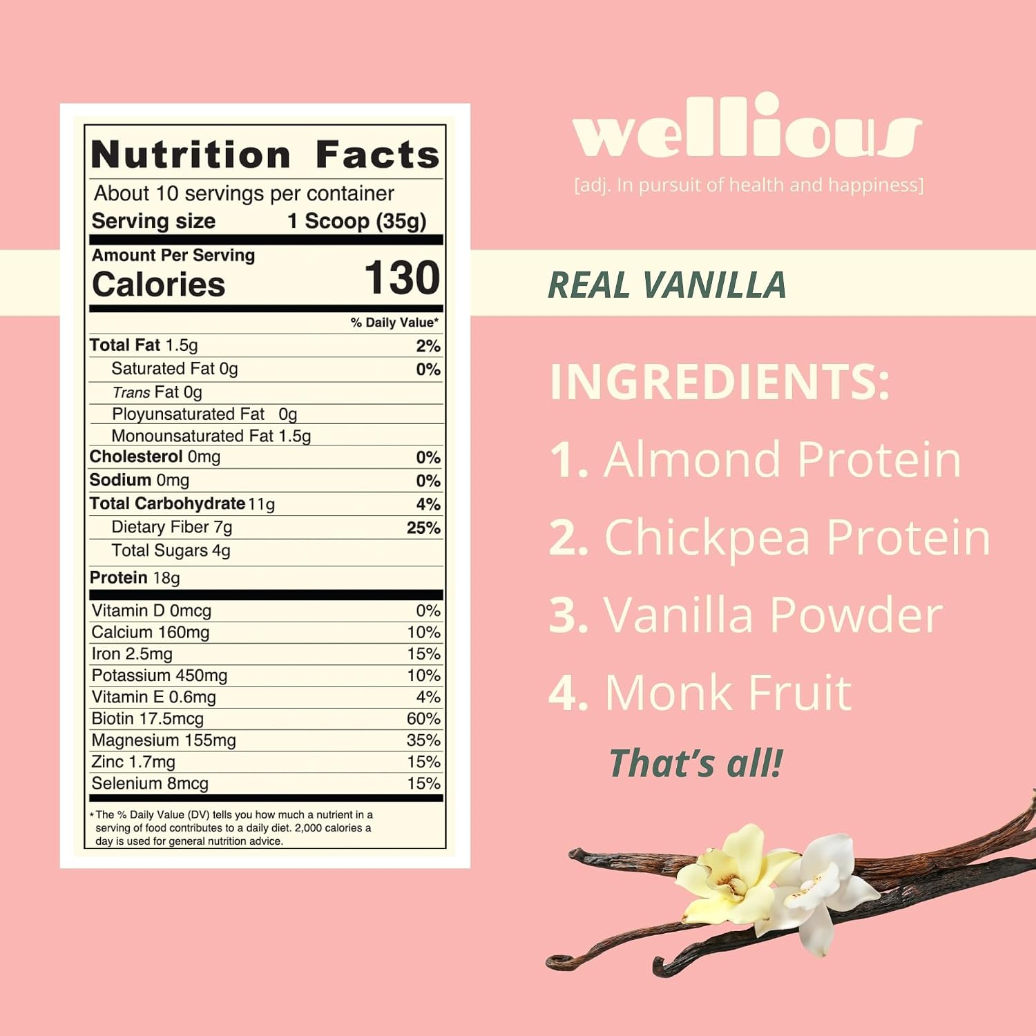 wellious Almond Vegan Protein Powder, Vanilla, 18g Protein, Soy-Free