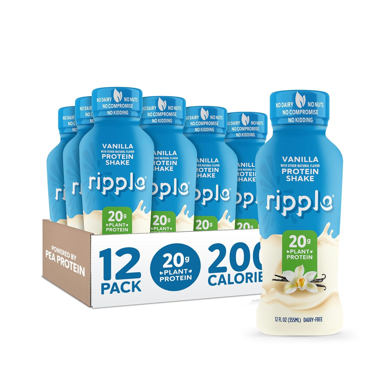 Ripple Vanilla Plant Based Protein Shake | 20g of Quality Sourced Pea Protein, Calcium & Iron Rich | Shelf Stable | Vegan & Non GMO | Dairy, Soy, Nut, & Gluten Free | 12 Fl Oz Bottles (Pack of 12)