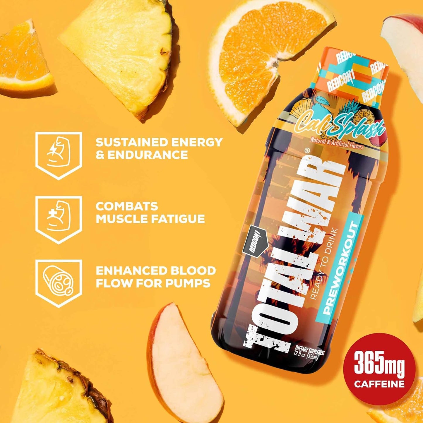 REDCON1 Total War Ready to Drink Pre Workout - Endurance Boosting, Keto Friendly RTD Formula - Amino Acid + Citrulline Malate Pre Workout Drink for Men & Women (Cali Splash, 12 Servings)