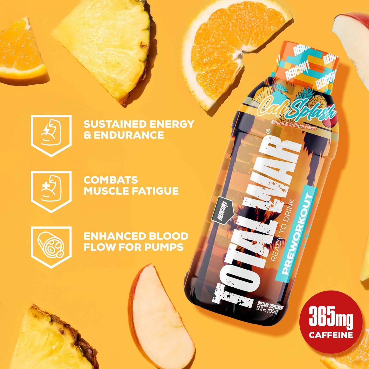 REDCON1 Total War Ready to Drink Pre Workout - Endurance Boosting, Keto Friendly RTD Formula - Amino Acid + Citrulline Malate Pre Workout Drink for Men & Women (Cali Splash, 12 Servings)