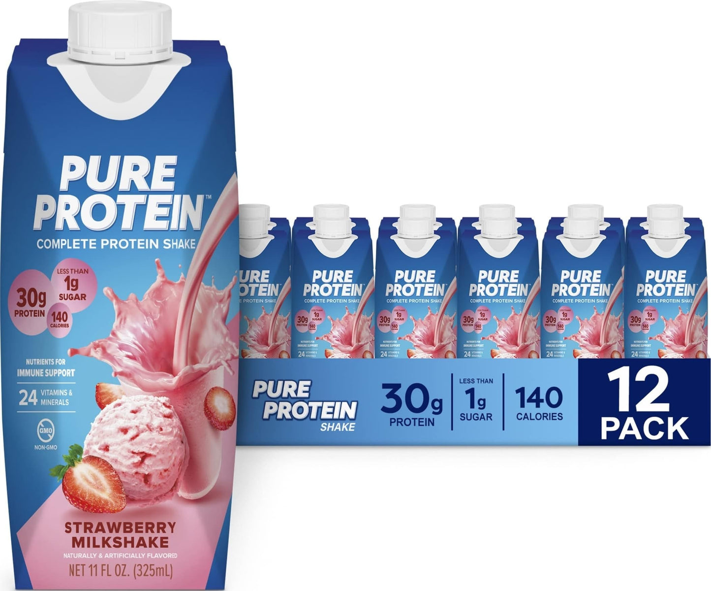 Pure Protein Vanilla Protein Shake, 30g Complete Protein, 12 Ct | Ready to Drink and Keto-Friendly, Vitamins A, C, D, and E plus Zinc to Support Immune Health, 11oz Bottles