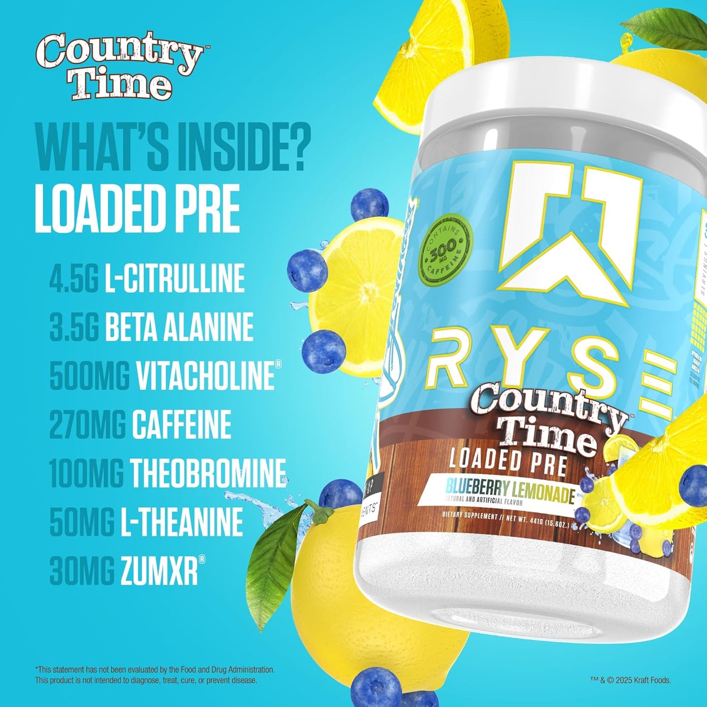 RYSE Loaded Pre Workout Powder - Country Time Blueberry Lemonade - Daily Pre-Workout for Men & Women with 300mg Caffeine, Beta Alanine, and Citrulline for Pump, Focus, and Energy - 30 Servings