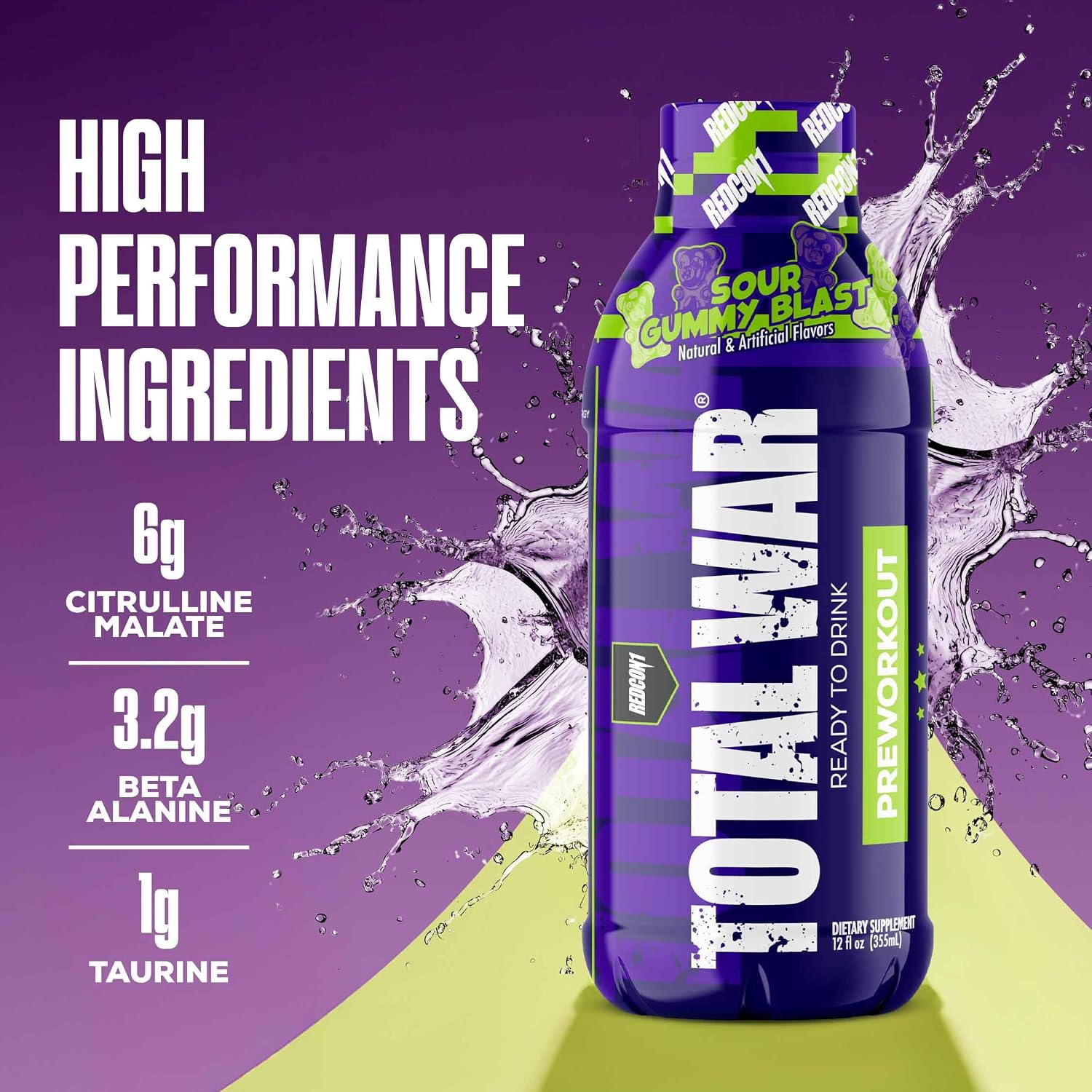 REDCON1 Total War Ready to Drink Pre Workout - Endurance Boosting, Keto Friendly RTD Formula - Amino Acid + Citrulline Malate Pre Workout Drink for Men & Women (Cali Splash, 12 Servings)