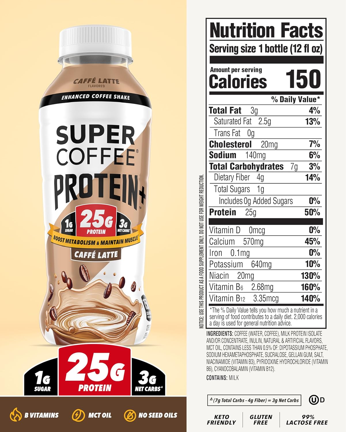 Super Coffee Protein+ Caffe Latte Protein Coffee, 25g Protein 12oz 12Pk