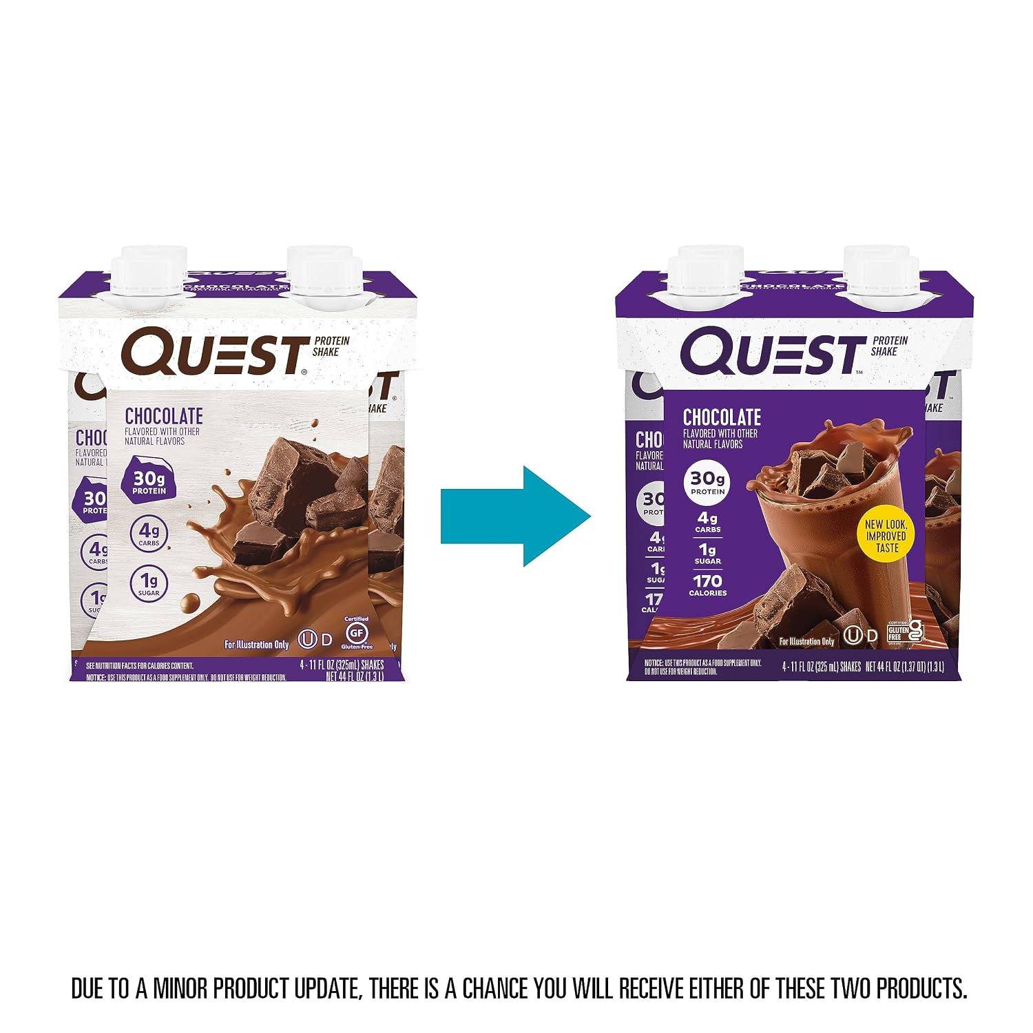 Quest Nutrition Chocolate Protein Shake, 30g Protein, 12 Count | 4g Net Carbs, 1g Sugar, Creamy Chocolate Flavor, Gluten Free, Ready to Drink, 11 fl oz, 3 Packs of 4 Count Cartons