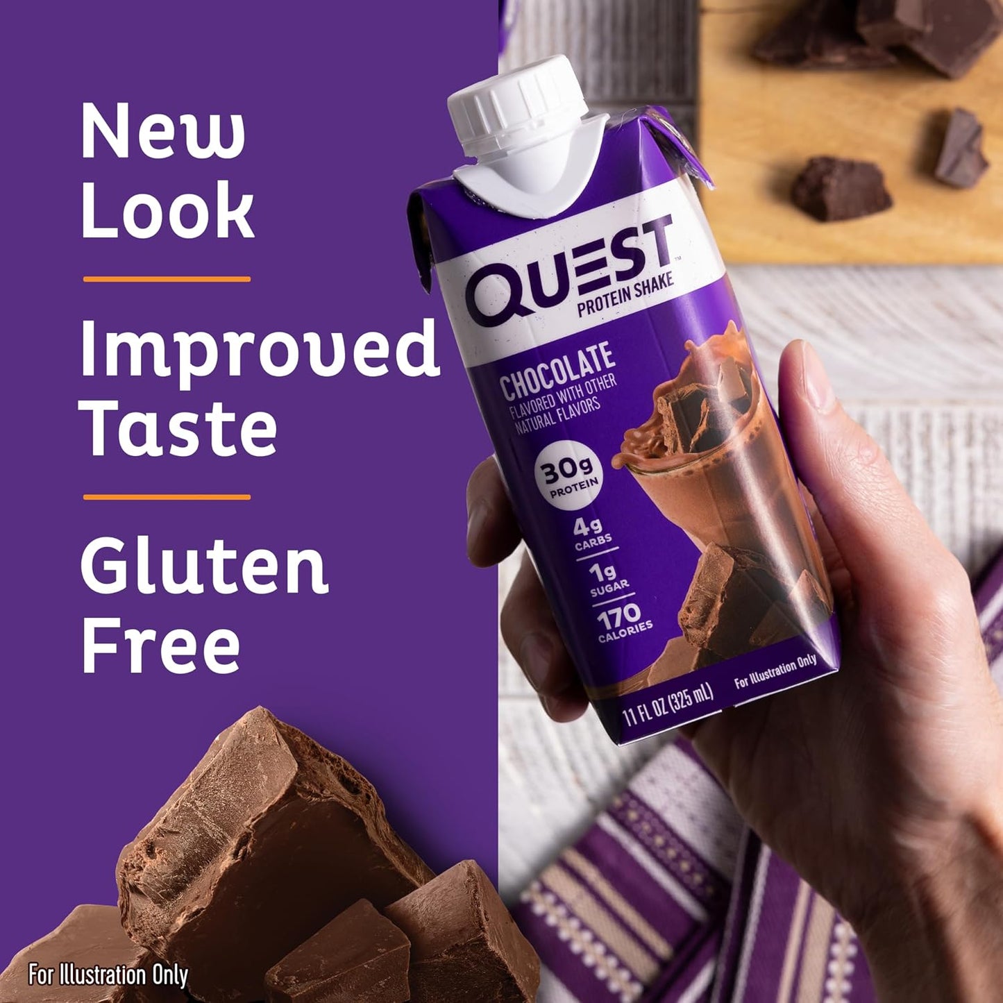 Quest Nutrition Chocolate Protein Shake, 30g Protein, 12 Count | 4g Net Carbs, 1g Sugar, Creamy Chocolate Flavor, Gluten Free, Ready to Drink, 11 fl oz, 3 Packs of 4 Count Cartons