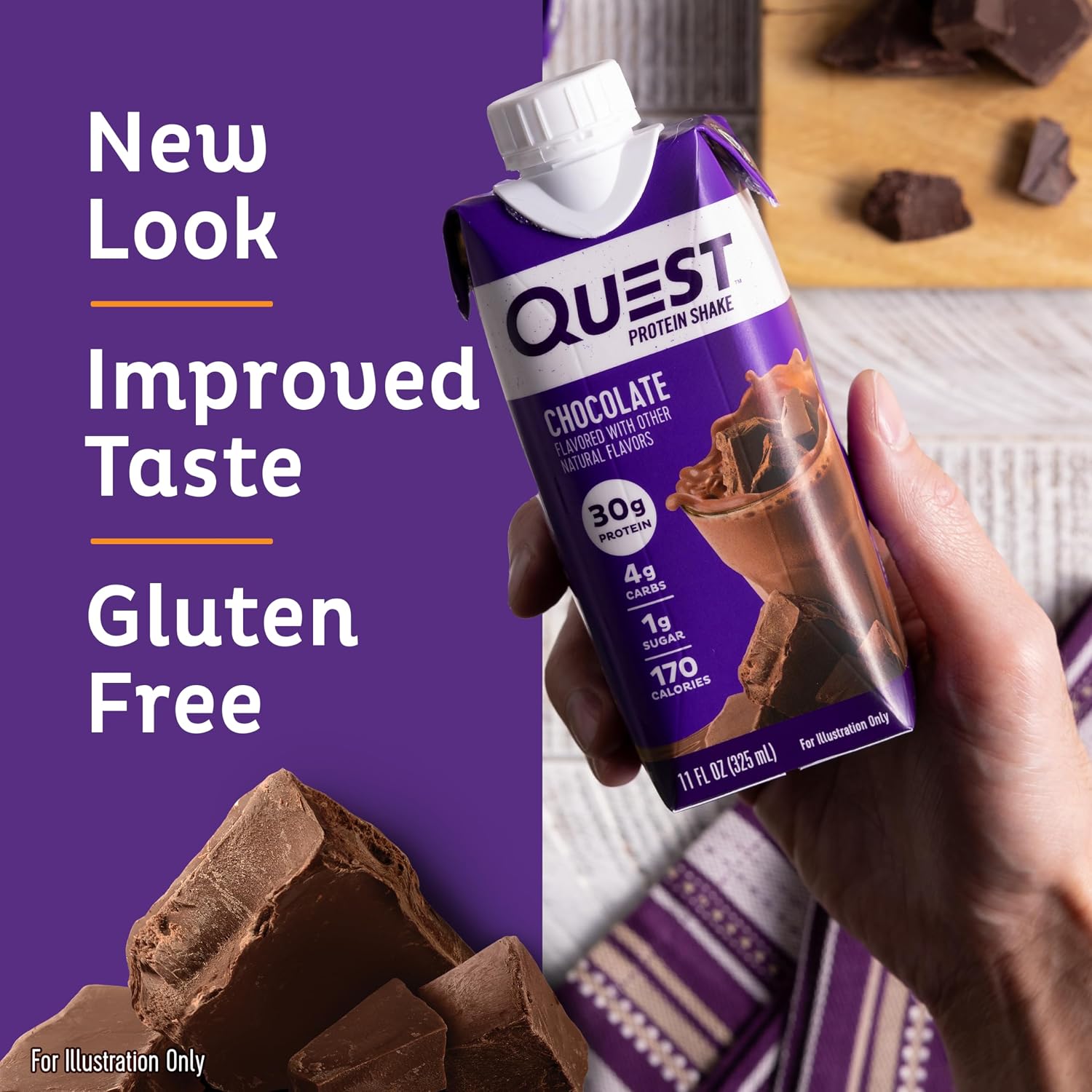 Quest Nutrition Chocolate Protein Shake, 30g Protein, 12 Count | 4g Net Carbs, 1g Sugar, Creamy Chocolate Flavor, Gluten Free, Ready to Drink, 11 fl oz, 3 Packs of 4 Count Cartons
