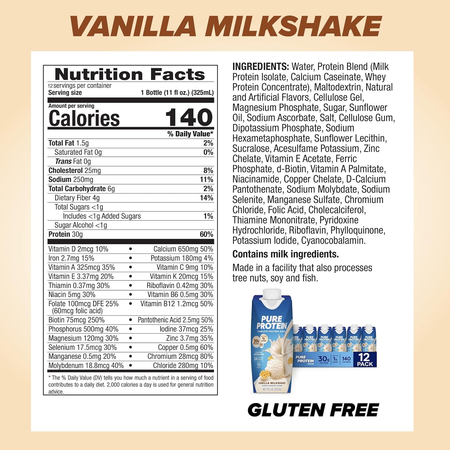Pure Protein Vanilla Protein Shake, 30g Complete Protein, 12 Ct | Ready to Drink and Keto-Friendly, Vitamins A, C, D, and E plus Zinc to Support Immune Health, 11oz Bottles