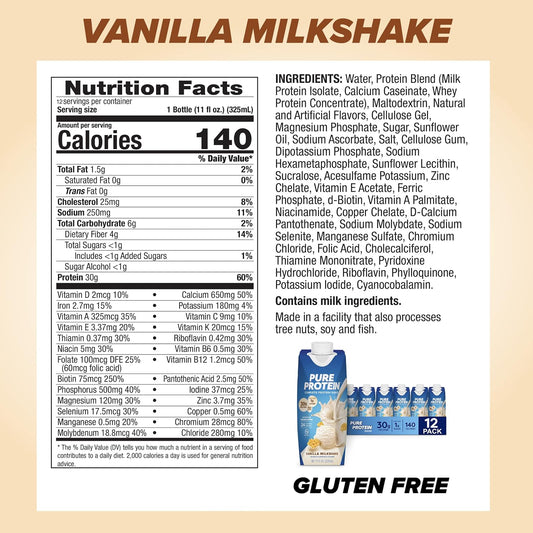 Pure Protein Vanilla Protein Shake, 30g Complete Protein, 12 Ct | Ready to Drink and Keto-Friendly, Vitamins A, C, D, and E plus Zinc to Support Immune Health, 11oz Bottles