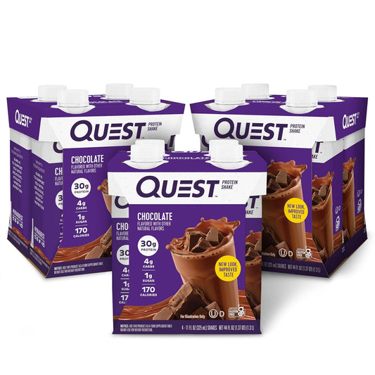 Quest Nutrition Chocolate Protein Shake, 30g Protein, 12 Count | 4g Net Carbs, 1g Sugar, Creamy Chocolate Flavor, Gluten Free, Ready to Drink, 11 fl oz, 3 Packs of 4 Count Cartons