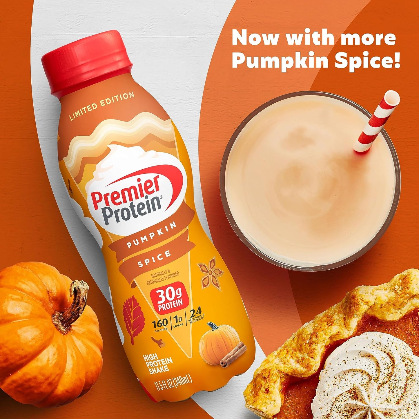 Premier Protein Shake Limited Edition 30g 1g Sugar 24 Vitamins Minerals Nutrients, Pumpkin Spice, 11.5 Fl Oz (Pack of 12) Artwork Case - Packaging May Vary