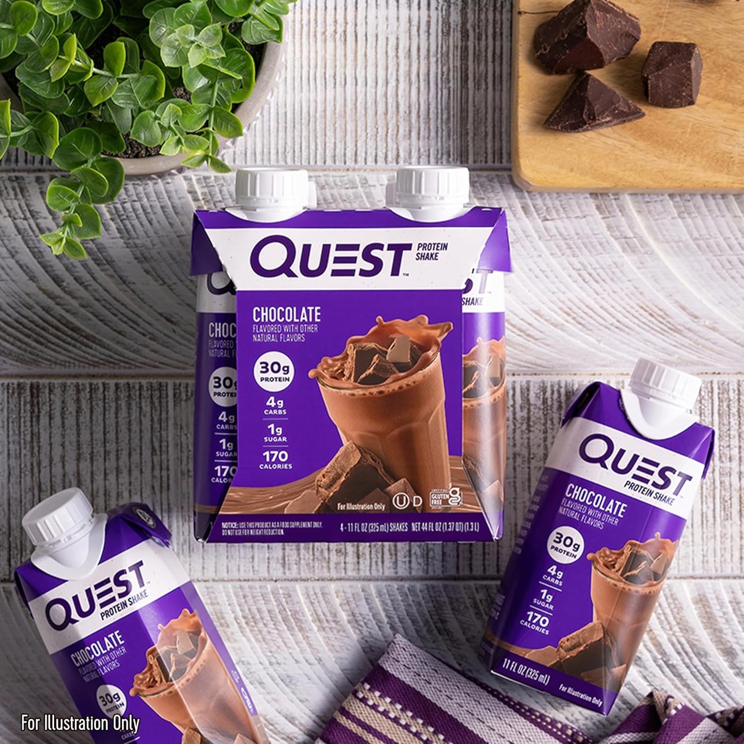 Quest Nutrition Chocolate Protein Shake, 30g Protein, 12 Count | 4g Net Carbs, 1g Sugar, Creamy Chocolate Flavor, Gluten Free, Ready to Drink, 11 fl oz, 3 Packs of 4 Count Cartons